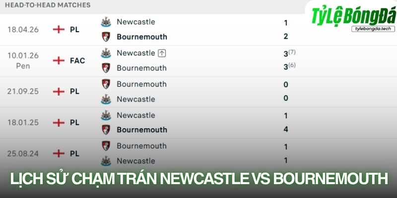 Lịch sử đối đầu Newcastle vs Bournemouth